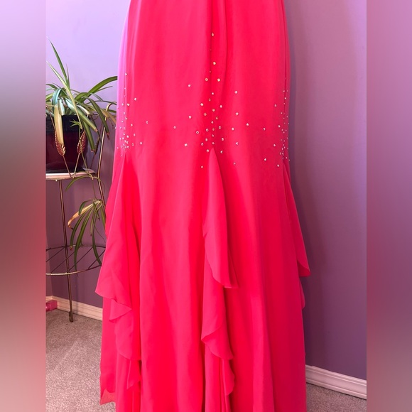 Bright pink cowl neck sleeveless evening gown with rhinestones - Picture 8 of 9